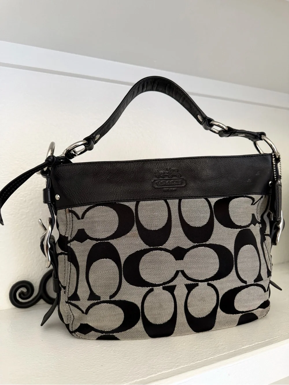 COACH Authentic F12657 Zoe Medium Hobo bag purse Grey Jacquard Black Leather